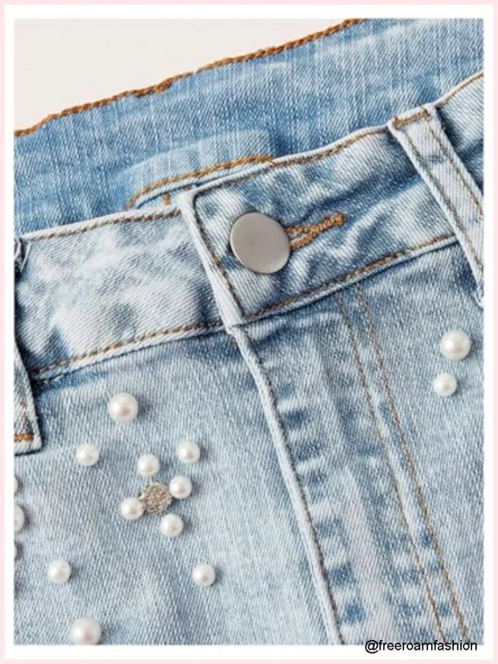 Cuffed Jean Skirt with Rhinestone Pearls, A-Line Mini, Button Fly